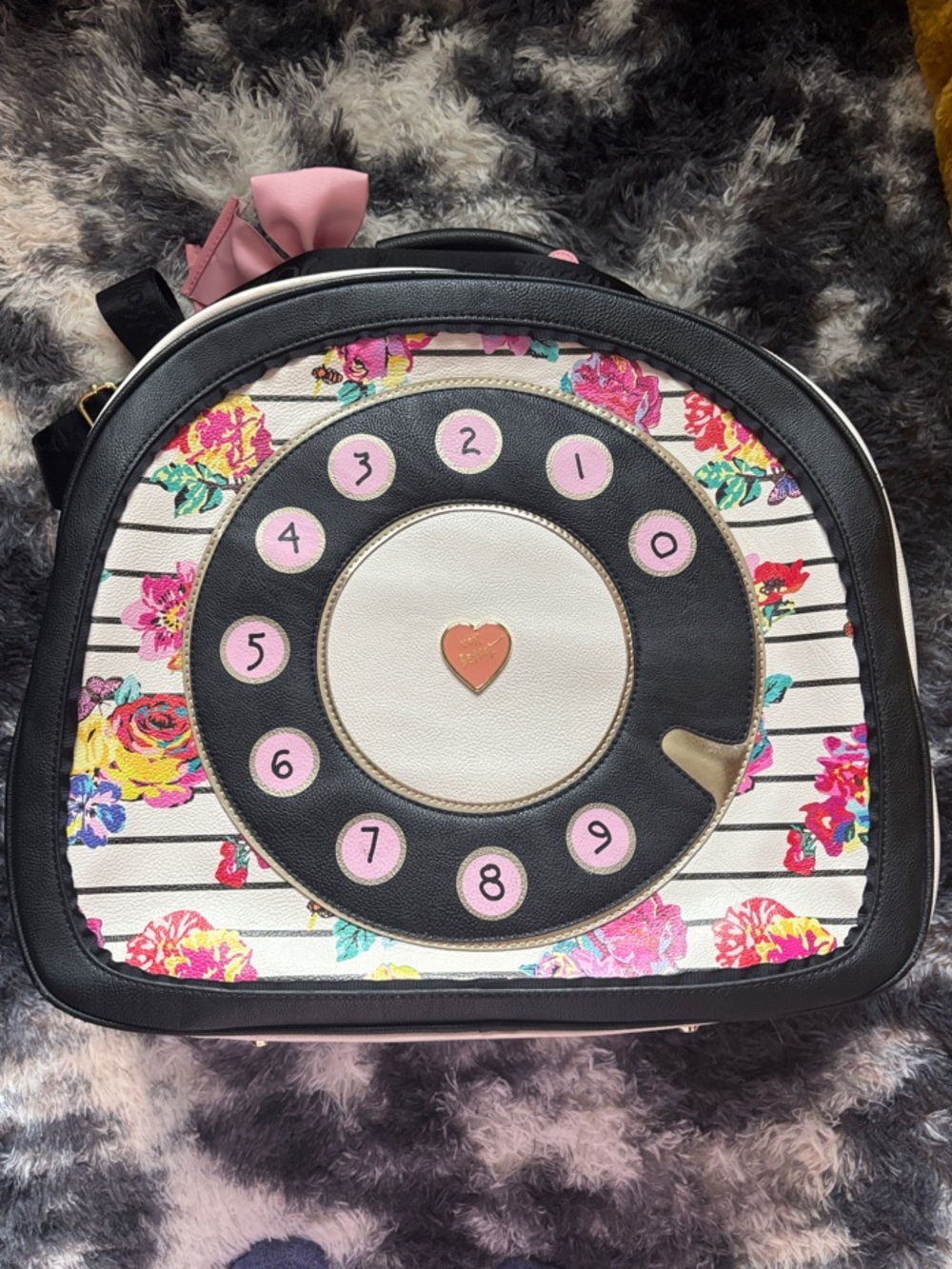 Betsey Johnson Floral Novelty Rotary Phone Travel Bag in White, Black, Pink